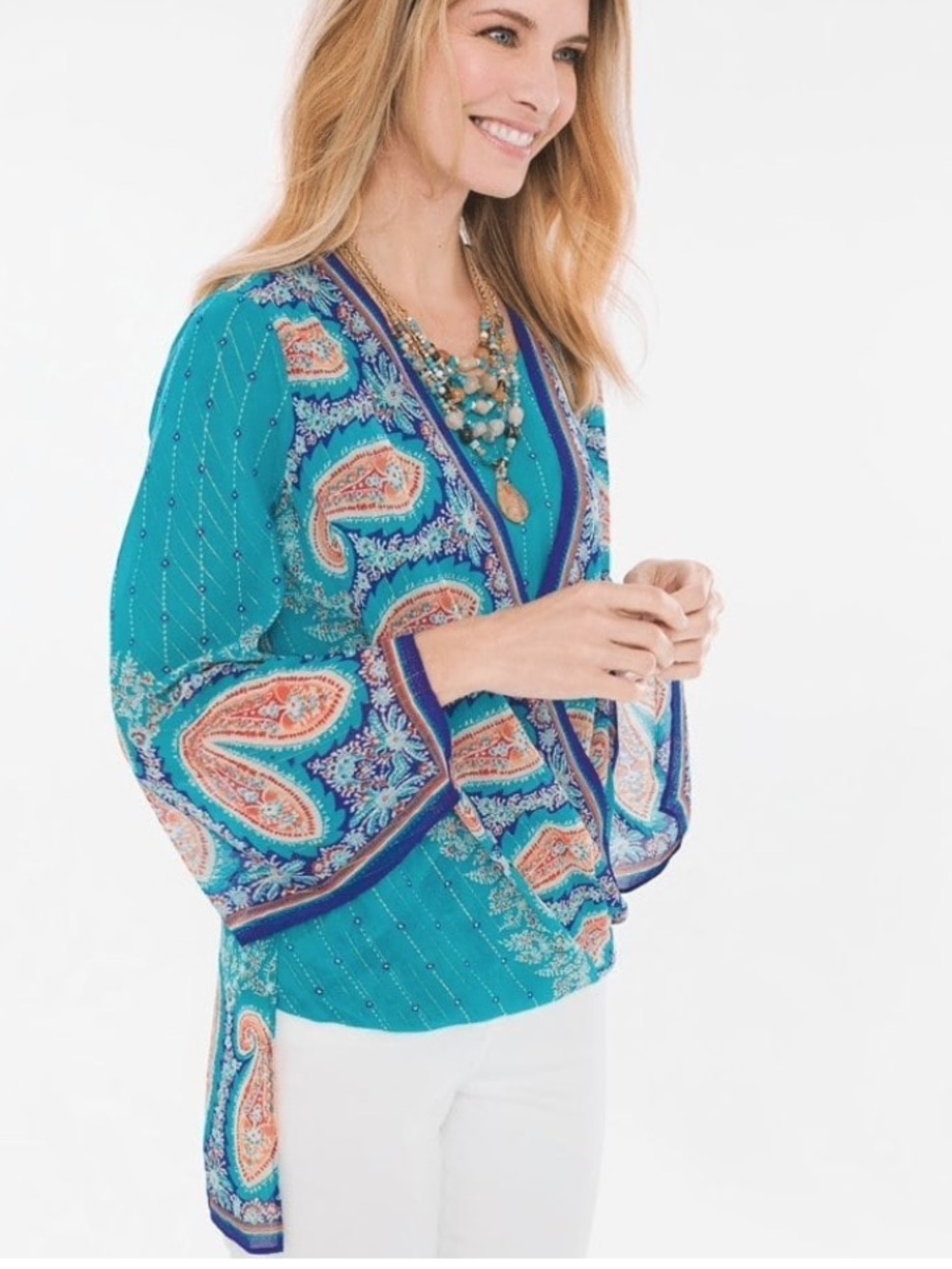 Chico’s Teal Paisley Printed Surplice blouse size 1/ medium